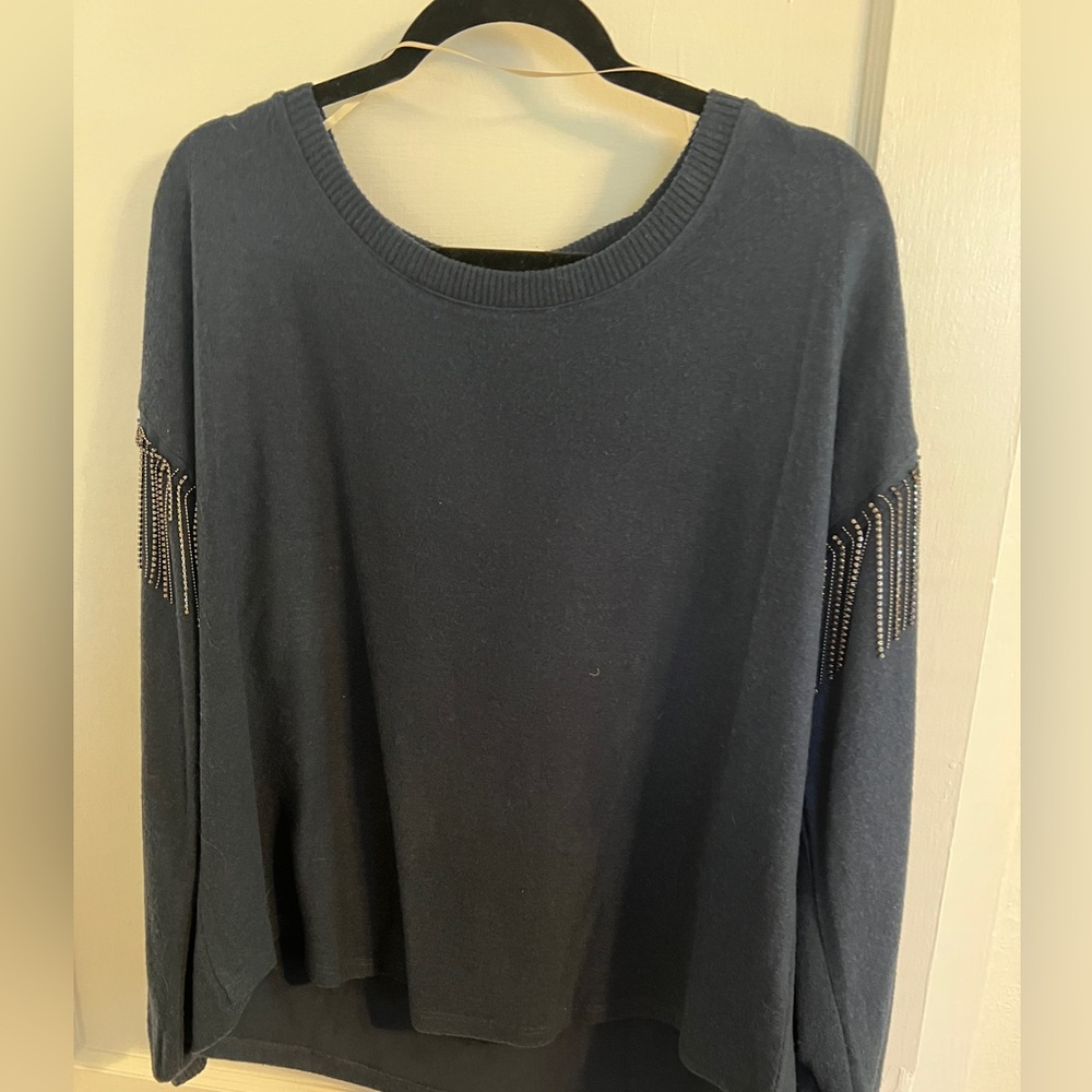 Elegant Navy Sweater with Embellished Sleeves